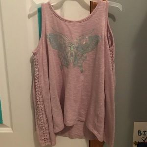 Girls Cold Shoulder Long Sleeve Pink Butterfly Shirt
